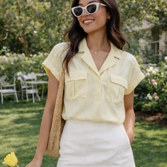 Rose & Olive Tops - Rose & Olive Pale Yellow Camp-Collar Short Sleeve Blouse